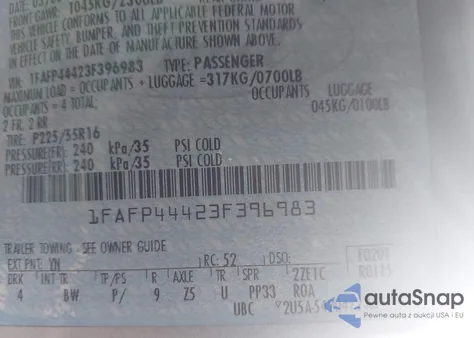 2003 Ford Mustang z USA, uszkodzony, nr VIN 1FAFP44423F396983